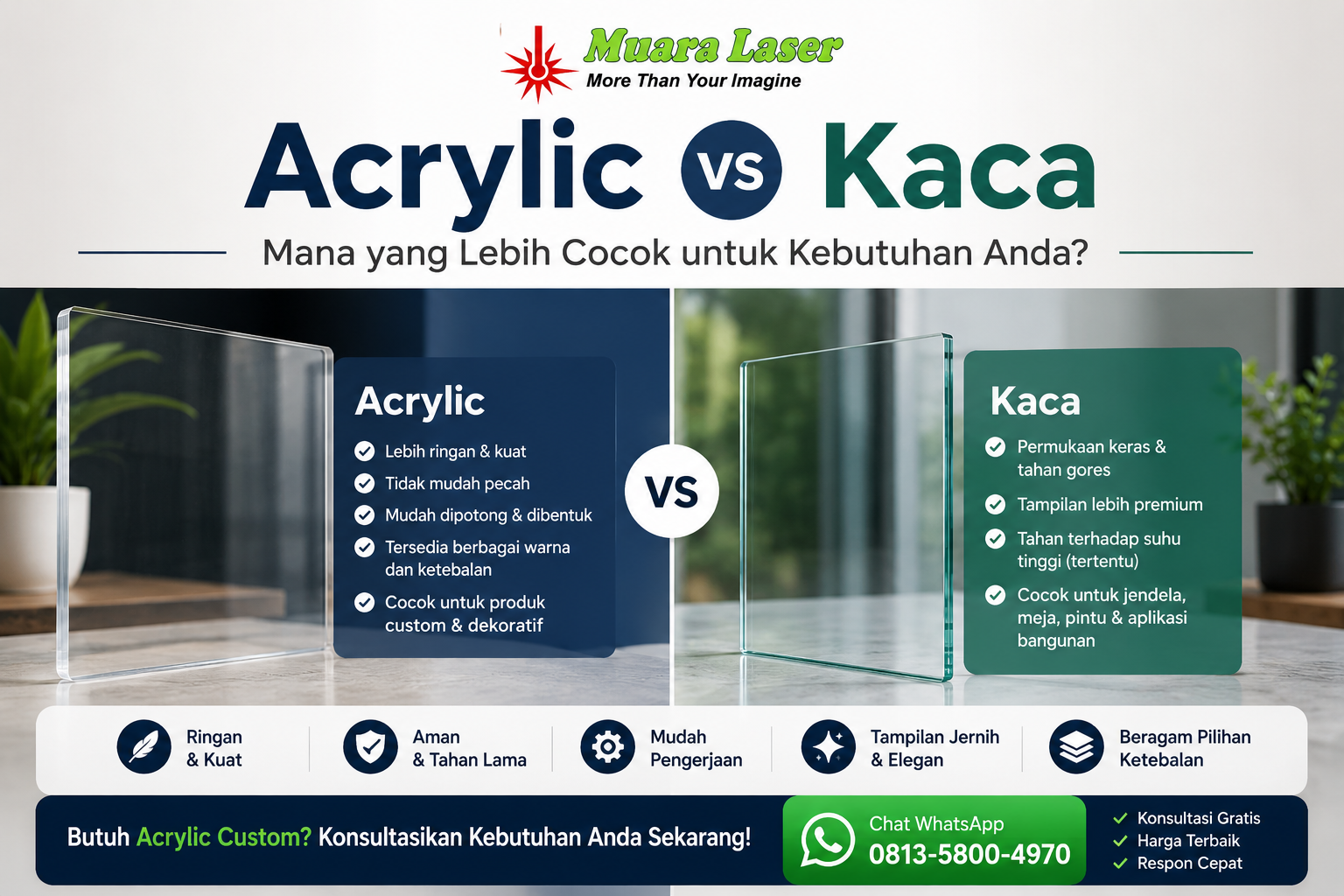 Perbandingan acrylic vs kaca untuk berbagai kebutuhan dan kelebihan masing-masing material