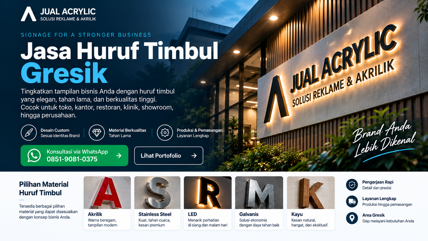 Jasa huruf timbul akrilik LED untuk toko di Gresik