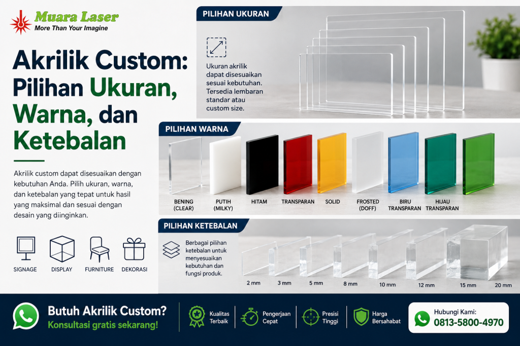 Akrilik custom dengan pilihan ukuran, warna, dan ketebalan untuk berbagai kebutuhan